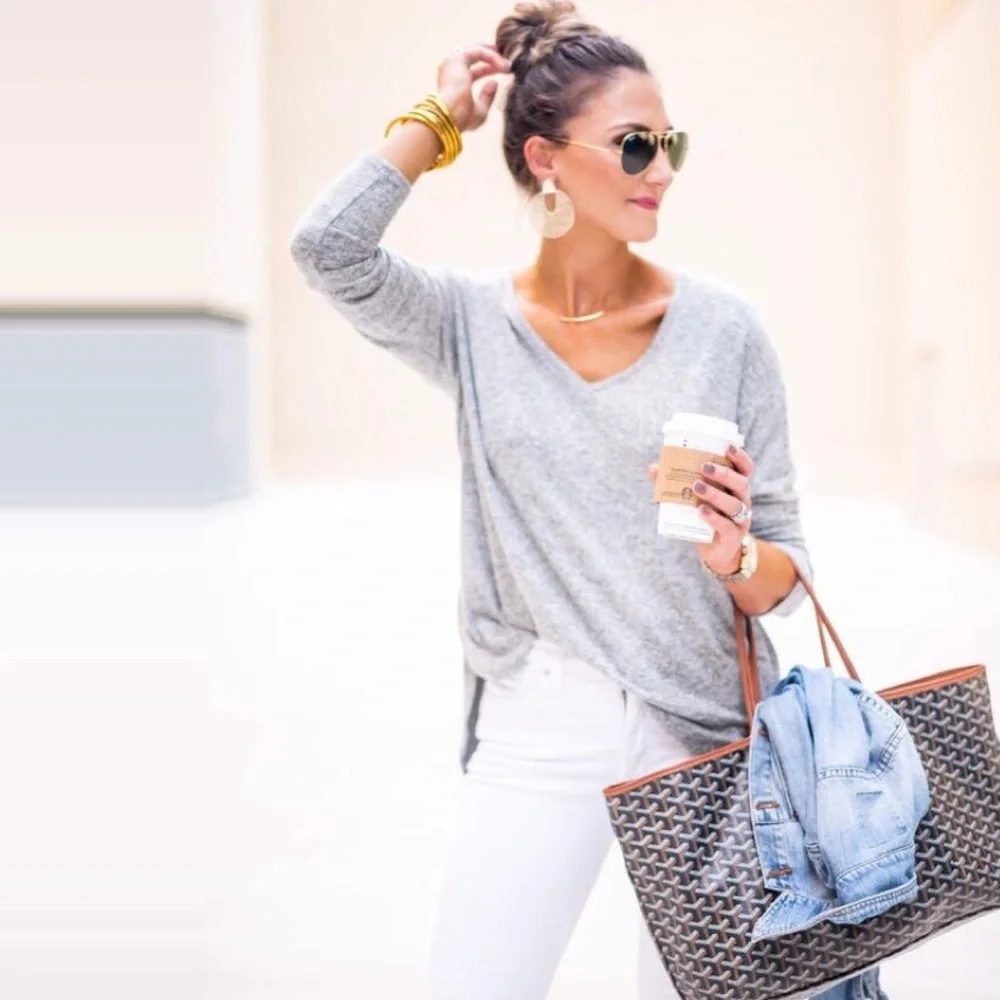 Slouchy Stretchy V Neck Marled Knit Sweater Top - Picture 1 of 10